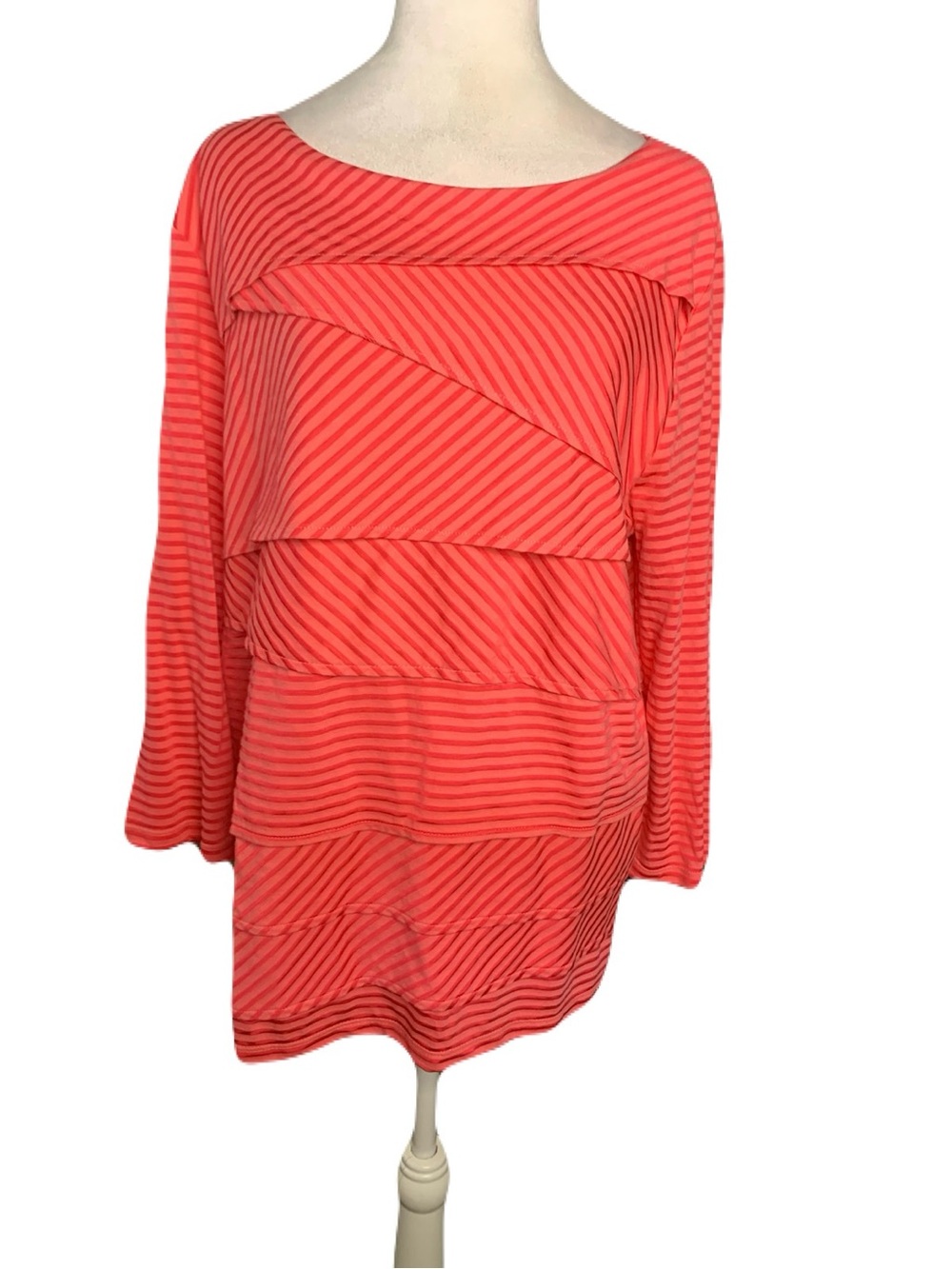 NWT Chico's Size 3/XL Coral Spice Striped Tiered 3/4 Sleeve Casual Colorful Top
